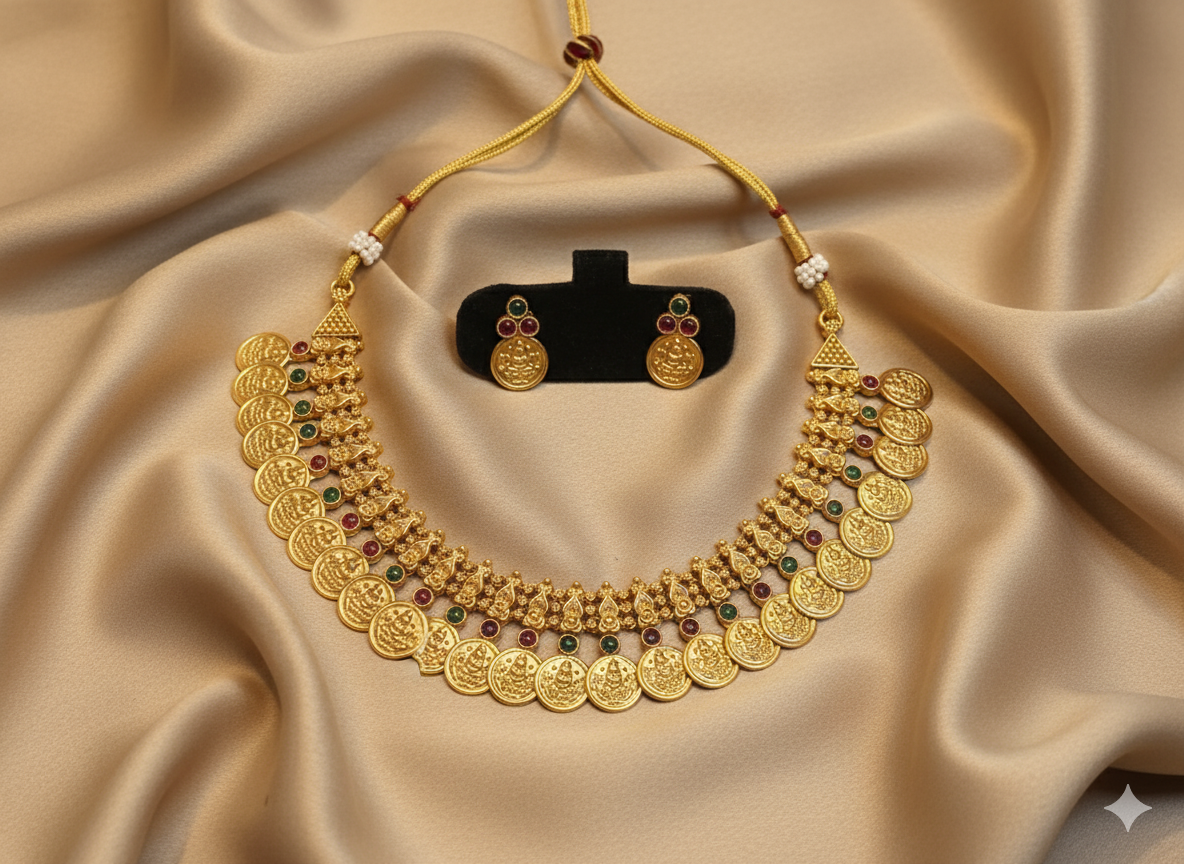 Antique Gold Kasu Mala Necklace Set.