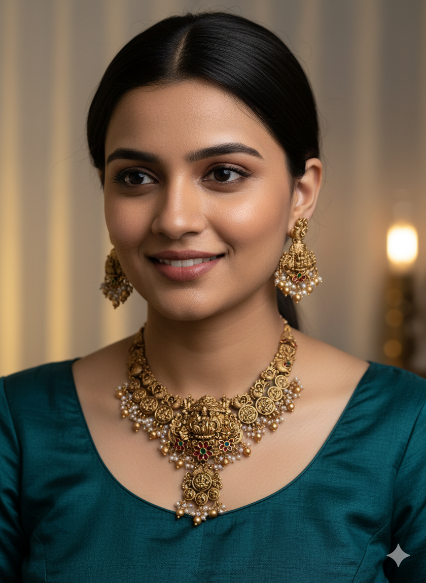 Lakshmi with Pearl Antique Heavy Necklace Set