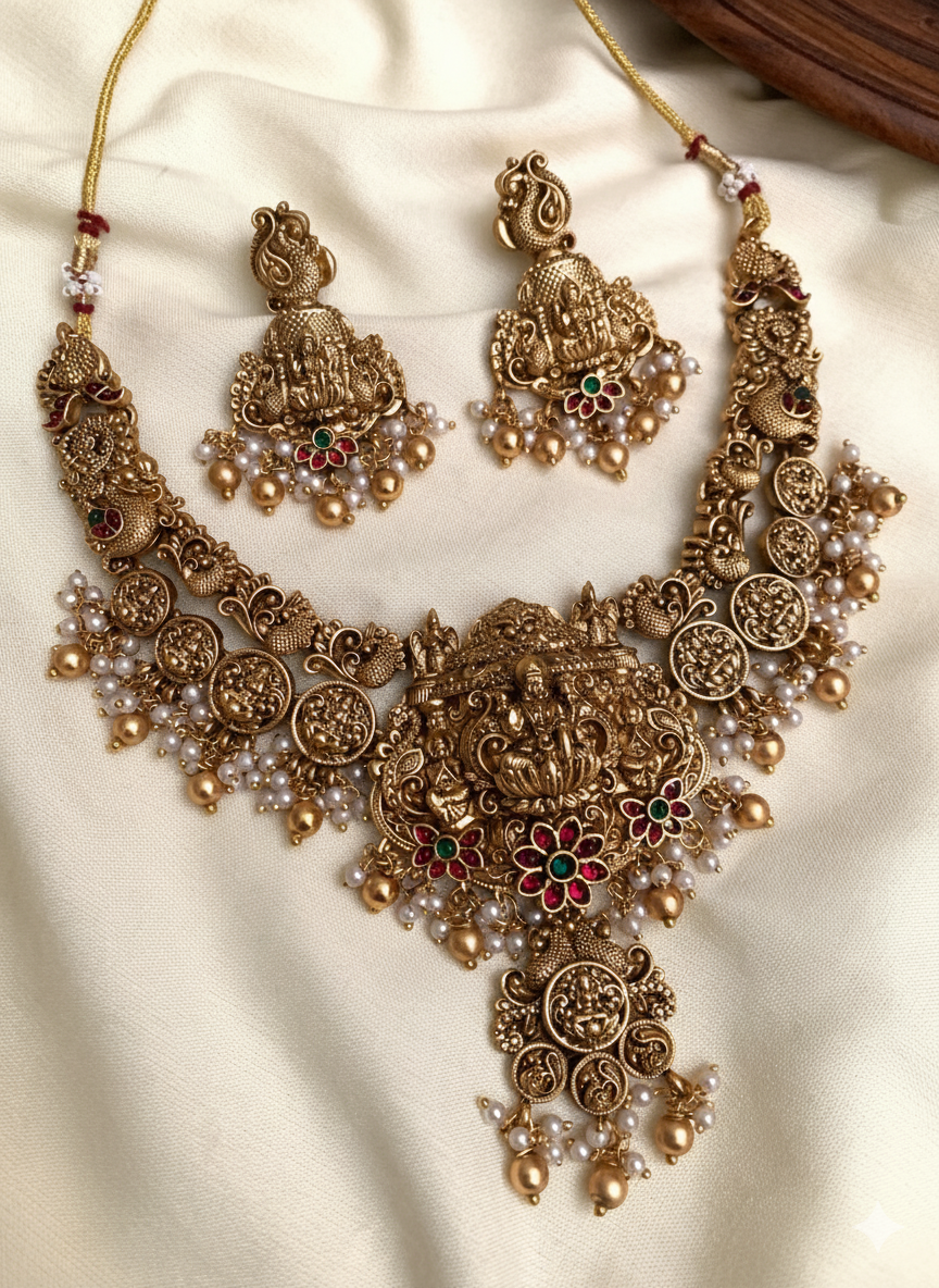 Lakshmi with Pearl Antique Heavy Necklace Set
